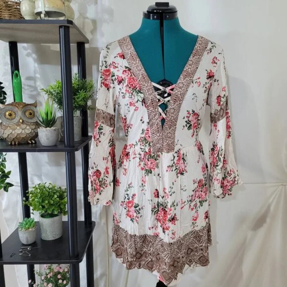 Angie Deep V-Neck Floral Cottagecore Boho Mini Dress - Size Small - Picture 2 of 9
